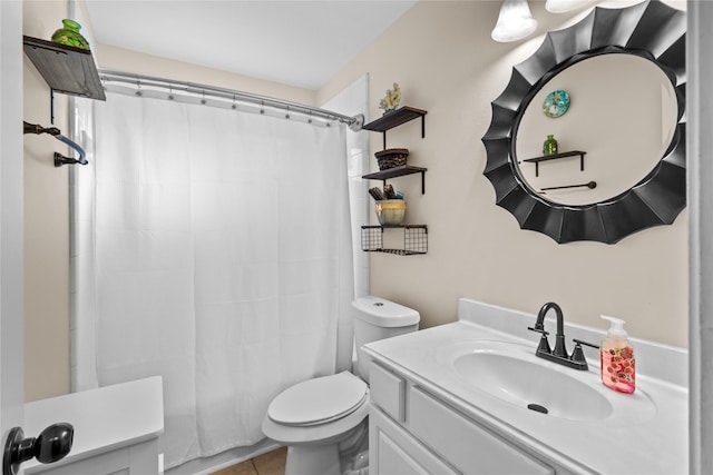 bathroom featuring vanity, toilet, a shower with curtain, and tile patterned flooring