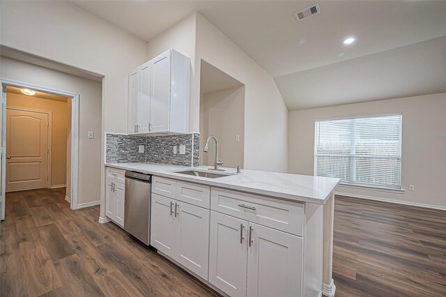 kitchen featuring tasteful backsplash, visible vents, white cabinets, dishwasher, and a sink