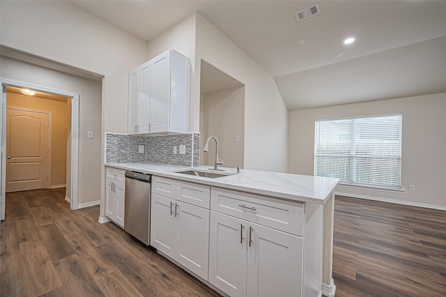 19430 Mystic Cypress Dr, Katy, TX 77449 - kitchen featuring a sink, dishwasher, visible vents, white cabinets, and dark wood-style floors