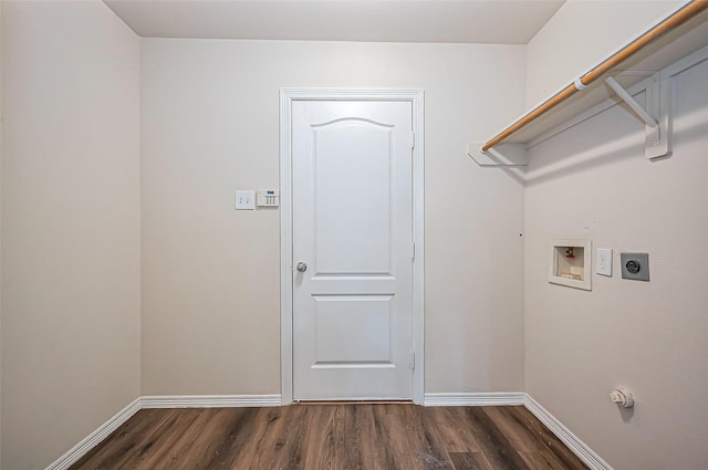 laundry room featuring laundry area, baseboards, wood finished floors, hookup for an electric dryer, and washer hookup