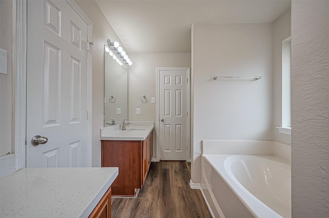 19430 Mystic Cypress Dr, Katy, TX 77449 - full bathroom featuring a garden tub, vanity, and wood finished floors