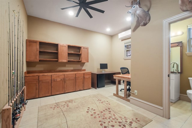 office space with ceiling fan, baseboards, a wall unit AC, light tile patterned floors, and recessed lighting