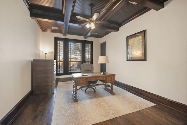 office space featuring dark wood-style floors, beam ceiling, coffered ceiling, and baseboards