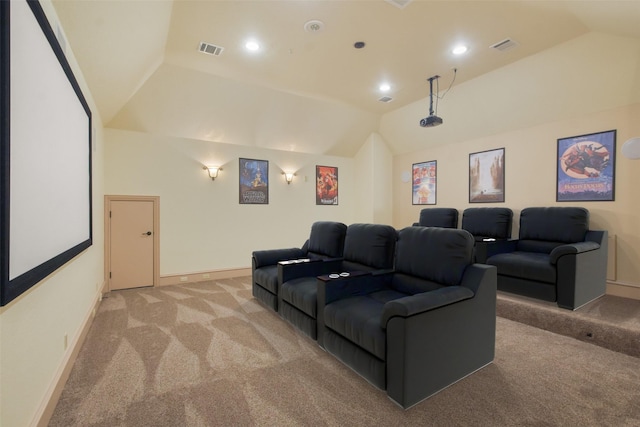 cinema room featuring vaulted ceiling, recessed lighting, carpet, and visible vents