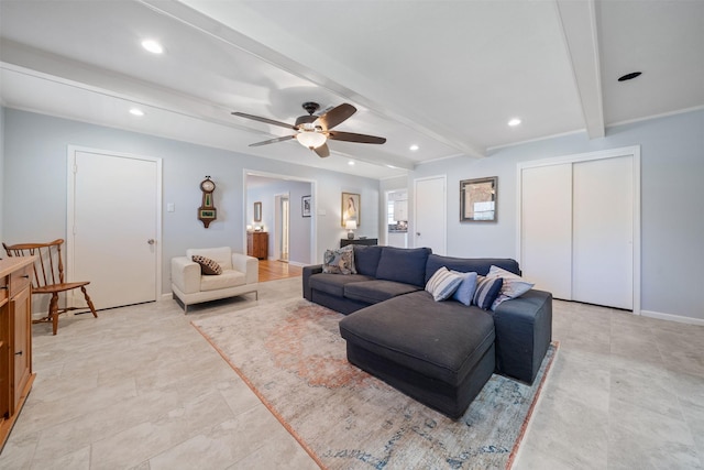 living area featuring a ceiling fan, beam ceiling, recessed lighting, and baseboards