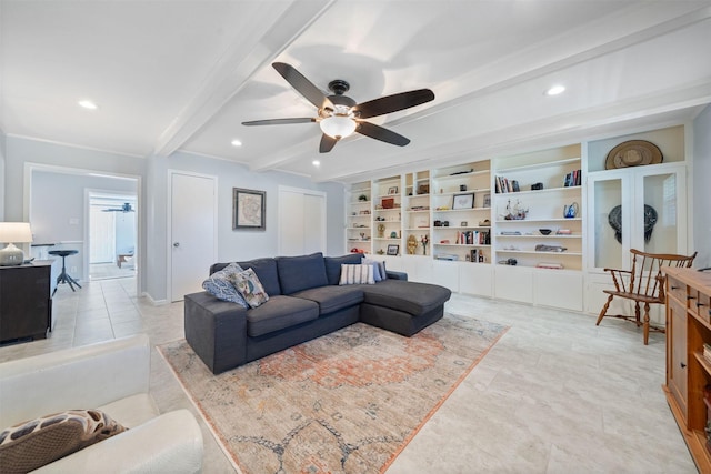 living area featuring beam ceiling, built in features, recessed lighting, and ceiling fan