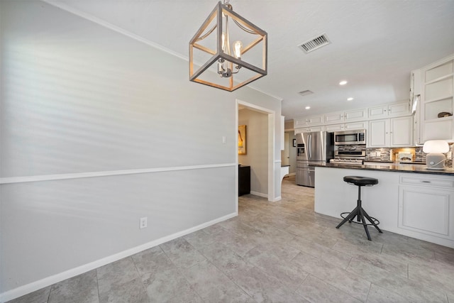 kitchen featuring visible vents, open shelves, stainless steel appliances, decorative backsplash, and dark countertops