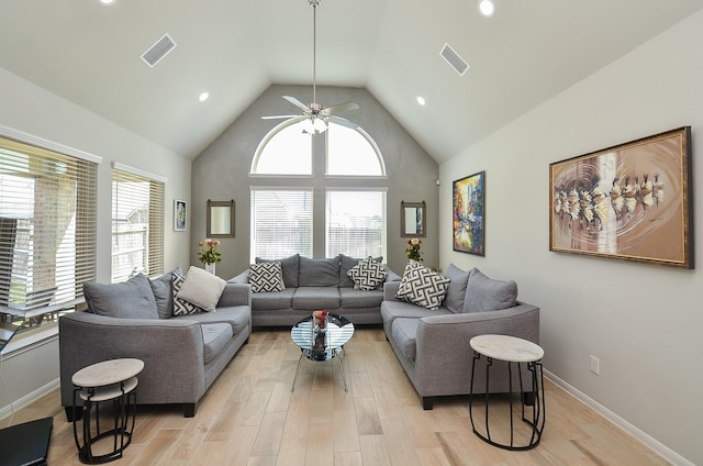 living area featuring a healthy amount of sunlight, light wood finished floors, and visible vents