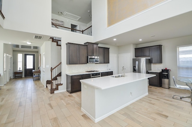 kitchen featuring a sink, visible vents, appliances with stainless steel finishes, backsplash, and light wood finished floors