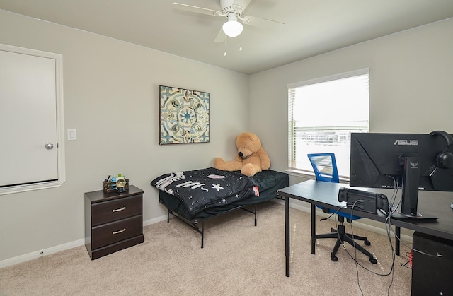 bedroom with carpet floors, a ceiling fan, and baseboards