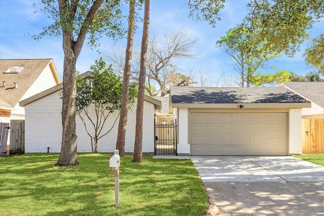 mid-century home featuring brick siding, a shingled roof, a front yard, a gate, and fence