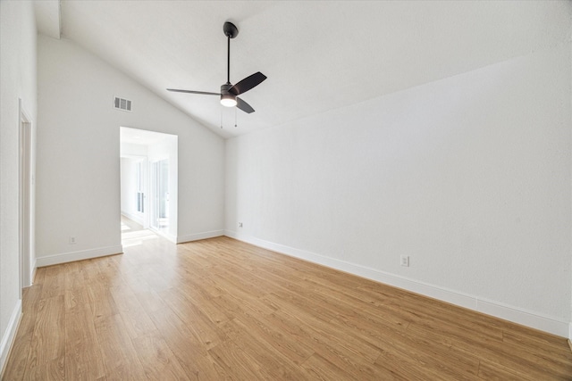 unfurnished room featuring light wood finished floors, visible vents, ceiling fan, high vaulted ceiling, and baseboards