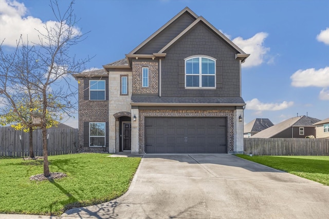 view of front of home featuring concrete driveway, brick siding, a front yard, and fence