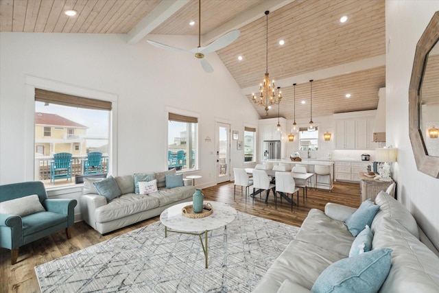 living room with high vaulted ceiling, recessed lighting, wooden ceiling, and wood finished floors