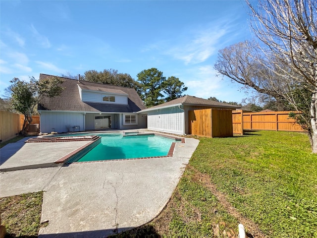 view of pool featuring a fenced backyard, a lawn, a patio, and a fenced in pool