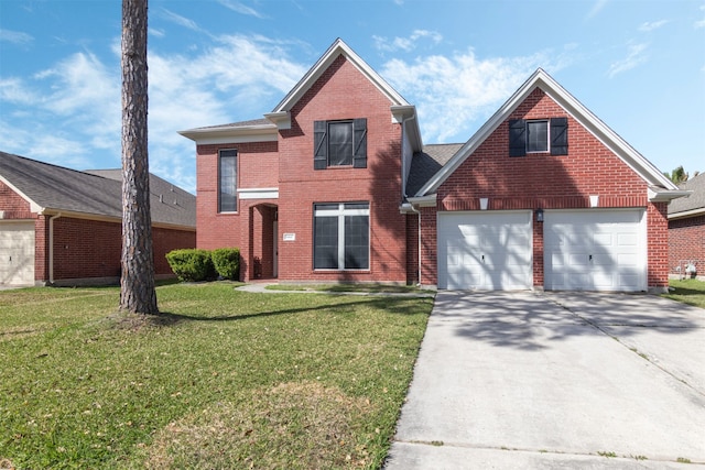 traditional-style home featuring driveway, a garage, a front yard, and brick siding