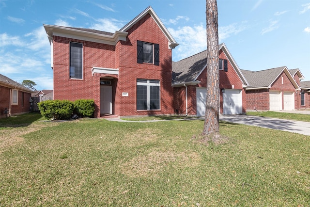 traditional home with a garage, concrete driveway, brick siding, and a front lawn