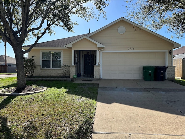 single story home featuring concrete driveway, stone siding, an attached garage, fence, and a front lawn