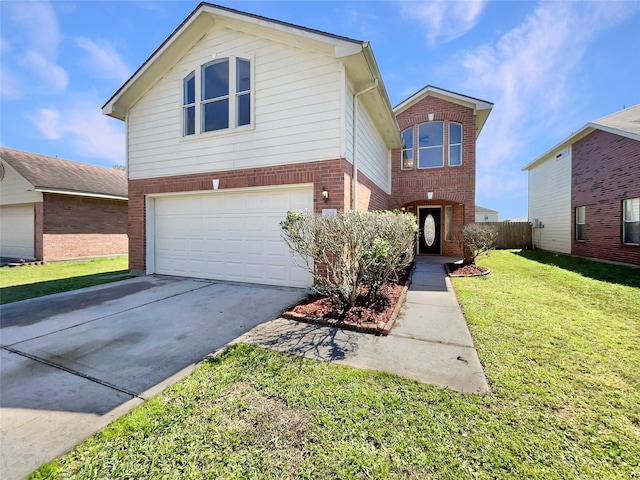 traditional home featuring brick siding, an attached garage, a front lawn, fence, and driveway