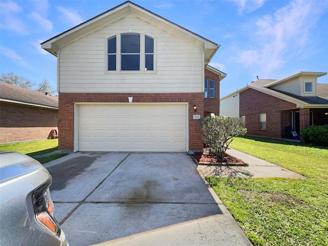 traditional-style house featuring brick siding, a garage, driveway, and a front lawn