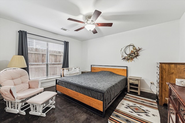 bedroom with visible vents, a ceiling fan, concrete floors, and baseboards