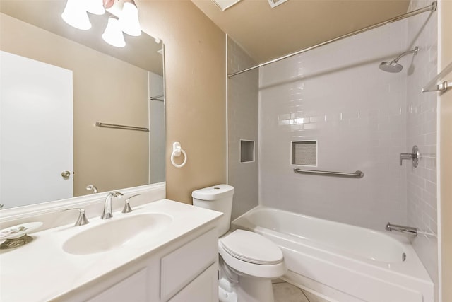 bathroom with vanity, visible vents, tile patterned flooring, shower / washtub combination, and toilet