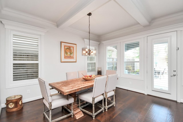 dining space featuring ornamental molding, dark wood-style flooring, beamed ceiling, and baseboards