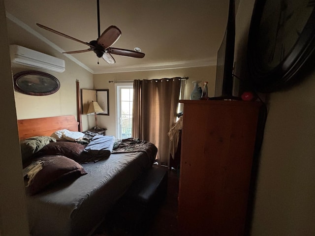 bedroom with ornamental molding, vaulted ceiling, a ceiling fan, and a wall mounted air conditioner