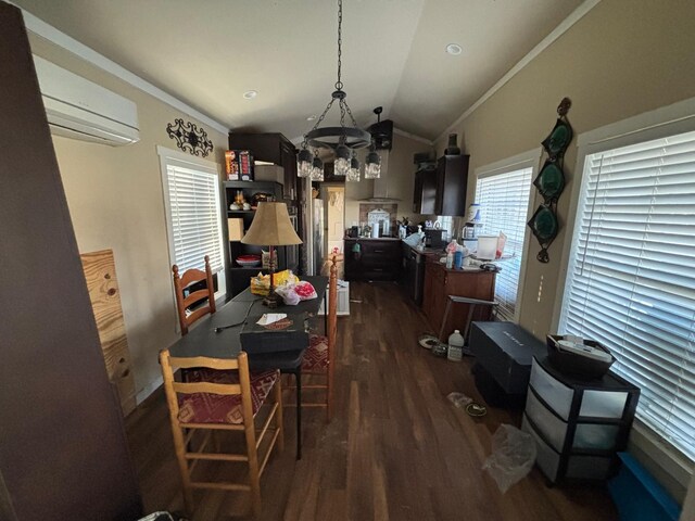 dining room with dark wood-type flooring, lofted ceiling, and a wall mounted AC