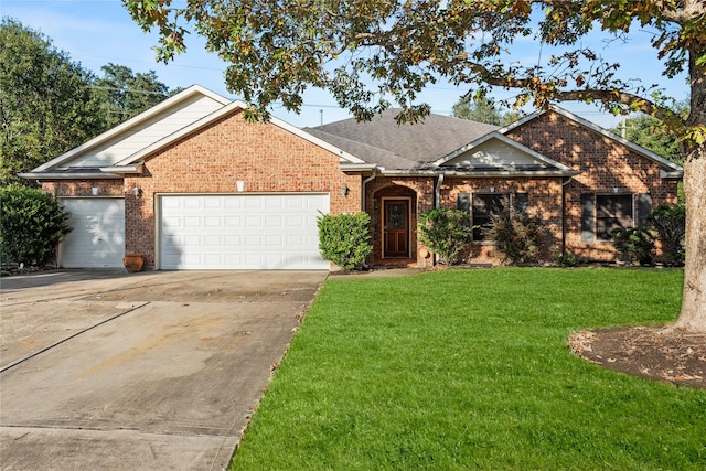 ranch-style home with brick siding, roof with shingles, a garage, driveway, and a front lawn