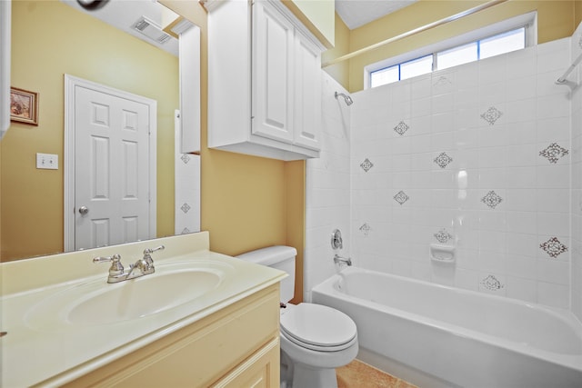 full bath with vanity, toilet, tub / shower combination, and visible vents