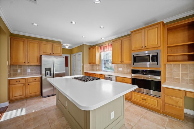 kitchen with a kitchen island, crown molding, light countertops, appliances with stainless steel finishes, and open shelves