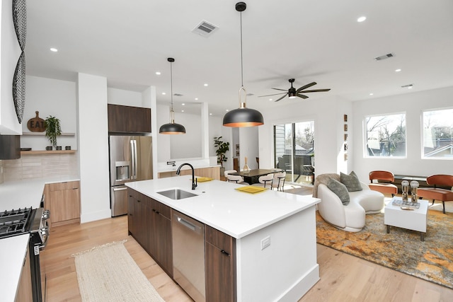 kitchen with stainless steel appliances, visible vents, a sink, an island with sink, and modern cabinets