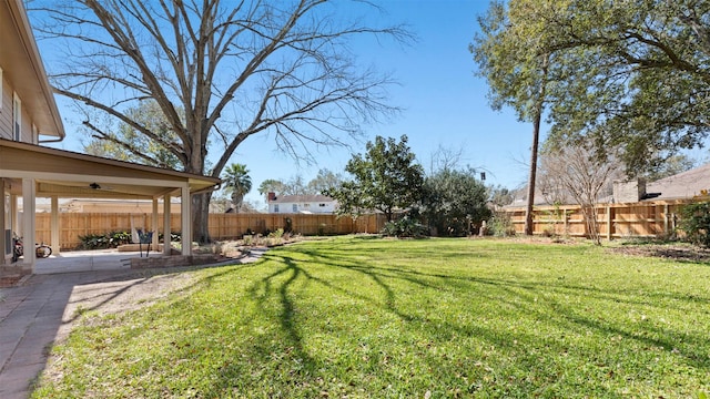 view of yard featuring a patio and a fenced backyard