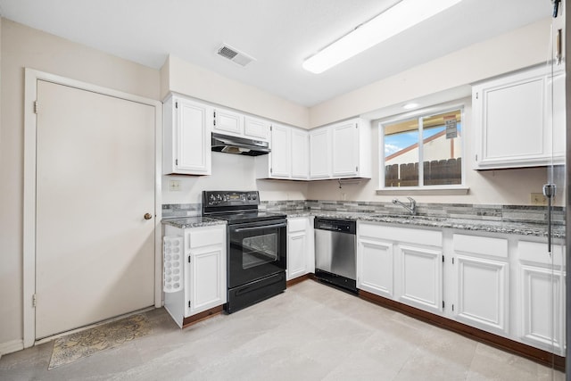 kitchen featuring under cabinet range hood, black range with electric stovetop, a sink, visible vents, and stainless steel dishwasher