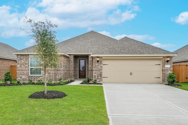 ranch-style home with concrete driveway, brick siding, an attached garage, and a front yard