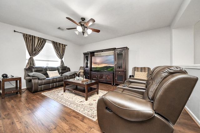 10138 W Palm Lake Dr, Houston, TX 77034 - living area with hardwood / wood-style floors, a ceiling fan, visible vents, and baseboards