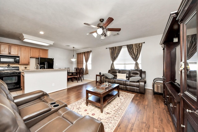 10138 W Palm Lake Dr, Houston, TX 77034 - living area with dark wood-style floors, visible vents, baseboards, and a ceiling fan