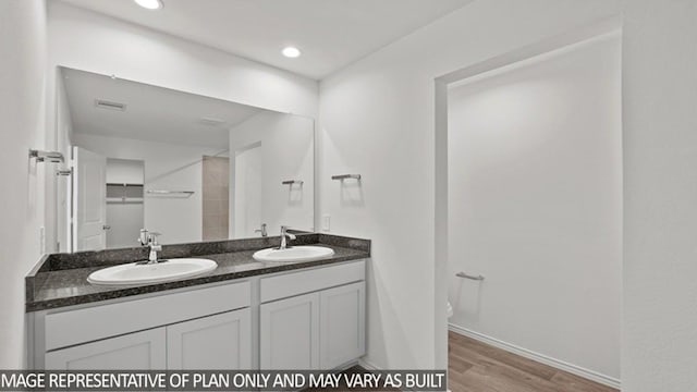 bathroom featuring wood finished floors, a sink, baseboards, and double vanity