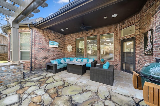 view of patio / terrace featuring a grill, an outdoor hangout area, and ceiling fan