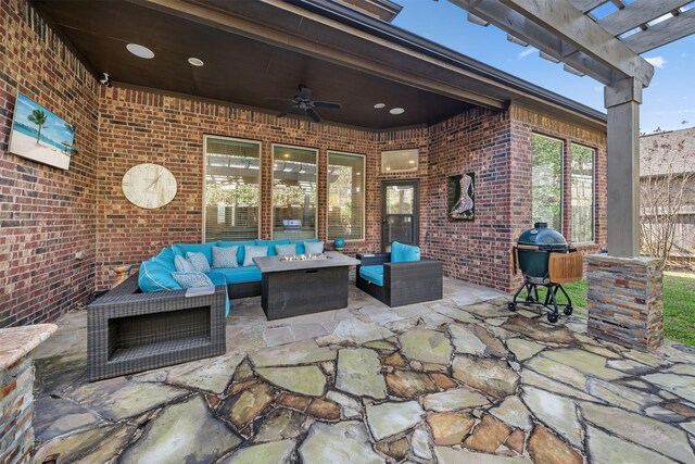 view of patio with a grill, outdoor lounge area, and ceiling fan