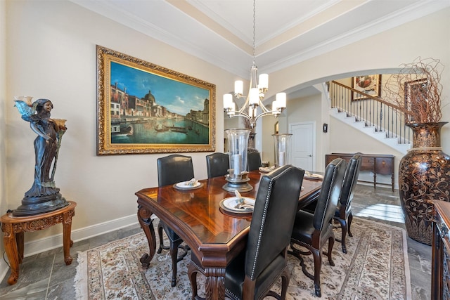 dining area featuring crown molding, baseboards, a chandelier, stairway, and arched walkways