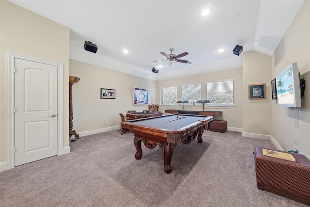 game room with recessed lighting, baseboards, carpet floors, and vaulted ceiling