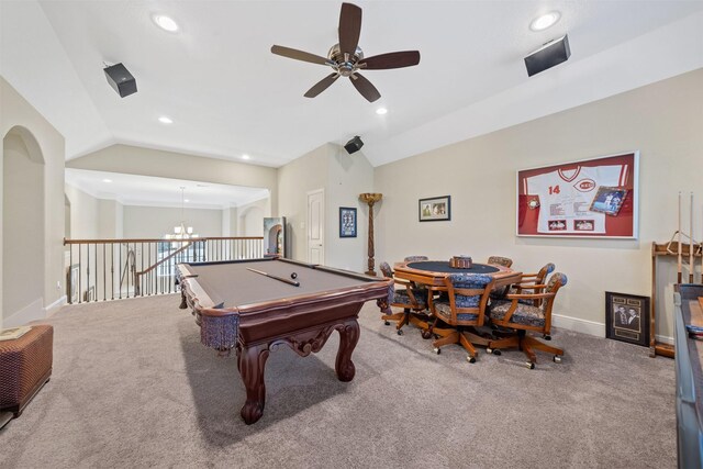 playroom featuring recessed lighting, baseboards, carpet, and vaulted ceiling