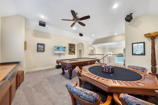 recreation room with baseboards, lofted ceiling, recessed lighting, arched walkways, and light colored carpet