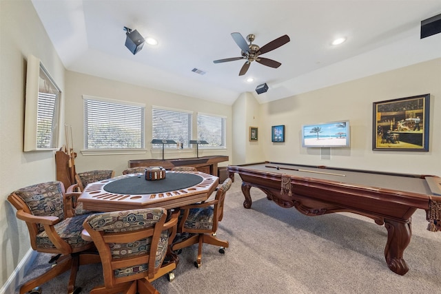 playroom featuring visible vents, ceiling fan, lofted ceiling, carpet flooring, and recessed lighting