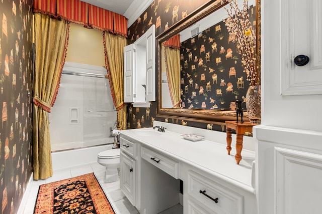 full bath with toilet, wallpapered walls, combined bath / shower with glass door, tile patterned flooring, and vanity