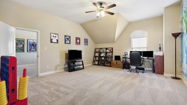 office with baseboards, lofted ceiling, carpet, and ceiling fan