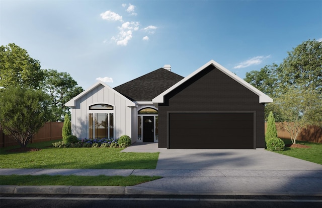view of front of property featuring driveway, a front lawn, fence, a garage, and a chimney