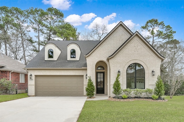 french country style house featuring driveway, a shingled roof, a front lawn, and brick siding